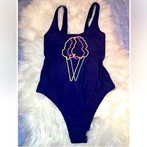 Aerie Blue One Piece Cheeky Swimsuit with IceCream Cone Design Sz M NEW!